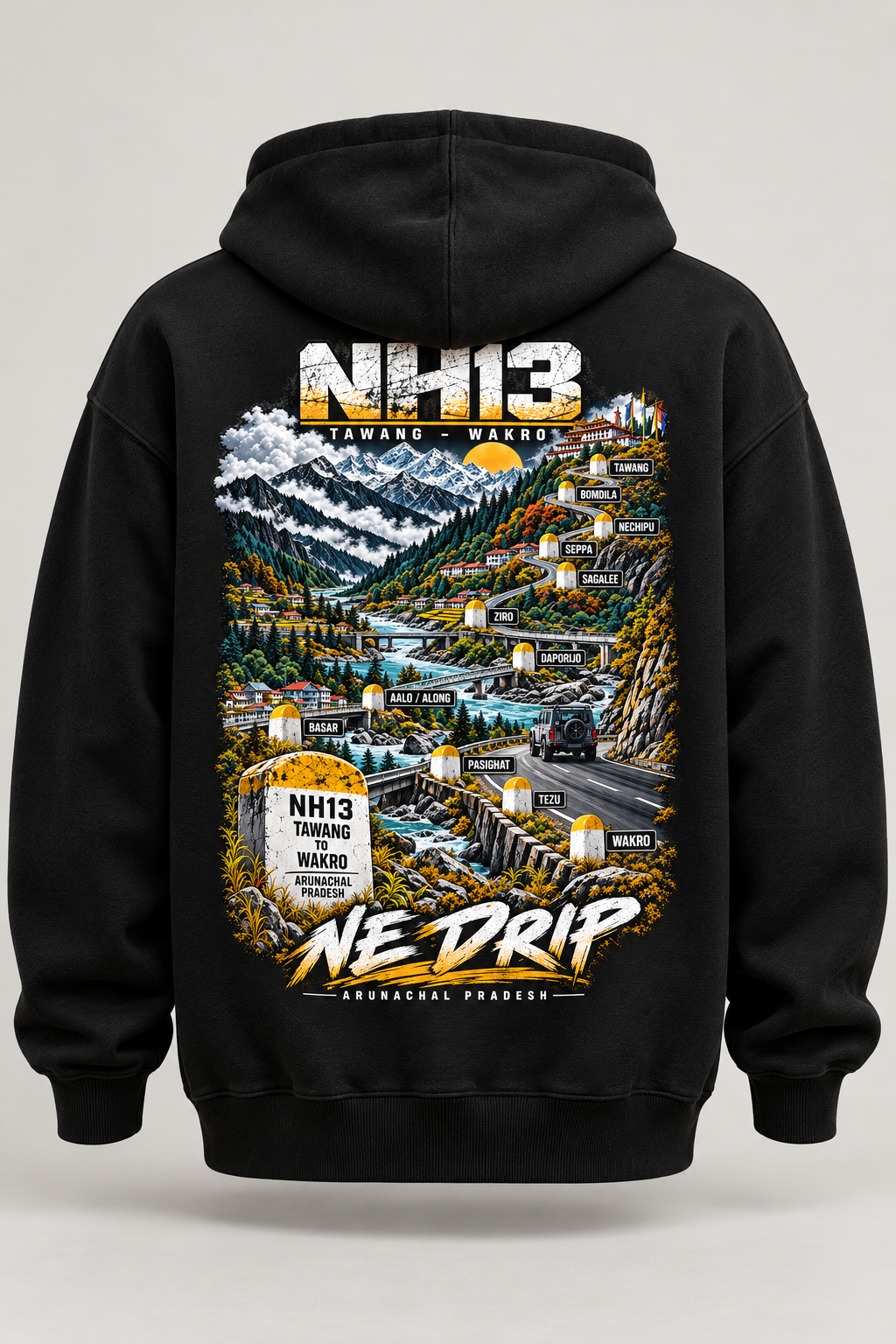 Design mockup — black NH13 hoodie with the new Tawang-to-Wakro back artwork; placement illustrative