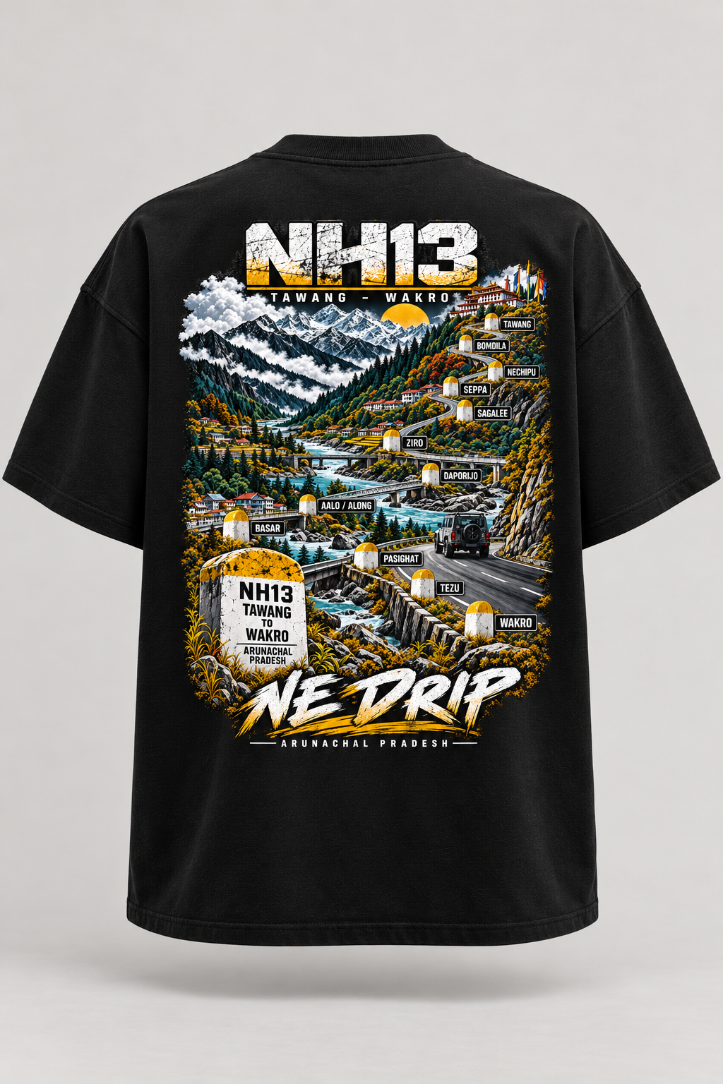 Design mockup — black oversized NH13 T-shirt with new Tawang-to-Wakro back artwork; placement illustrative